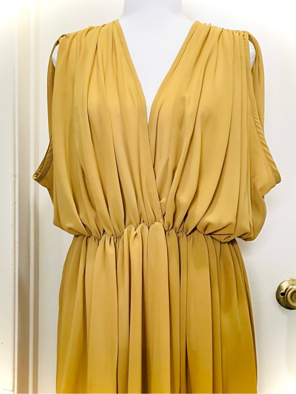 Mustard Yellow Sleeveless V-Neck Gathered Waist Dress. Size L